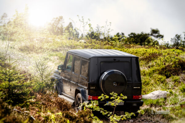 Ein Mercedes Benz G63 AMG unterwegs im Schwarzwald. Umgeben von wilder Natur