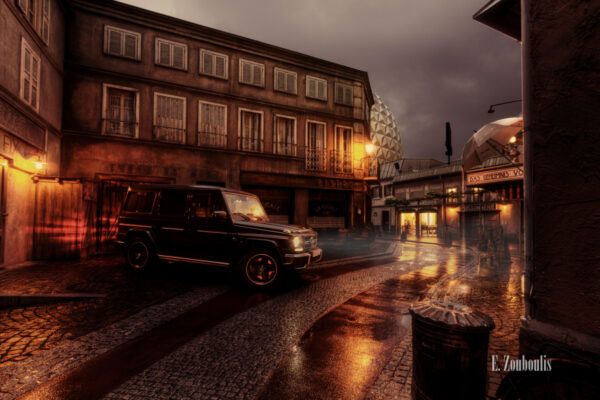 Nachtaufnahme eines Mercedes Benz G63 im Europapark nach einem Gewitter